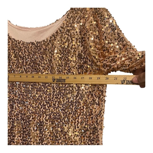 Gold Sequin Party Blouse Boat Neck 3/4 Disco Bell Sleeve Slightly Crop Relaxed - Picture 6 of 11